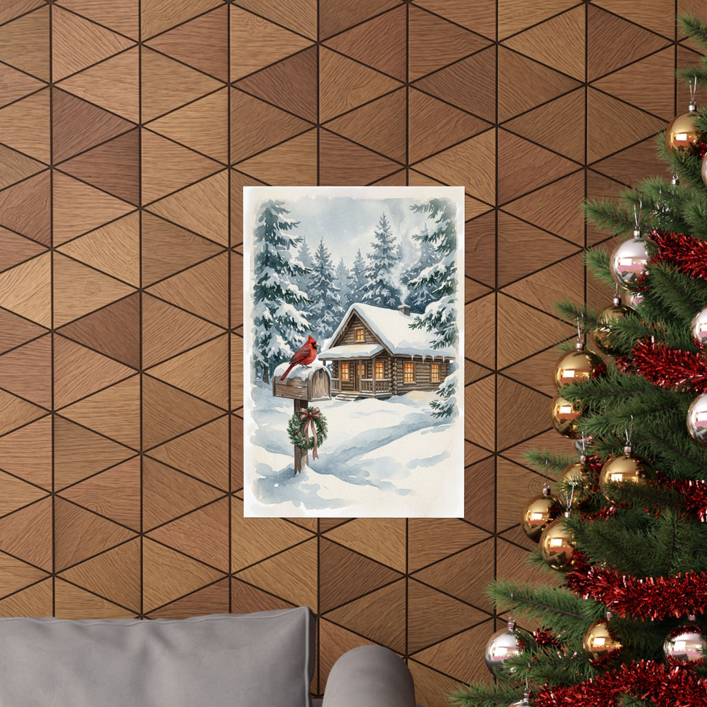 Winter Poster — Snowy Mailbox with Cardinal Matte Vertical Print