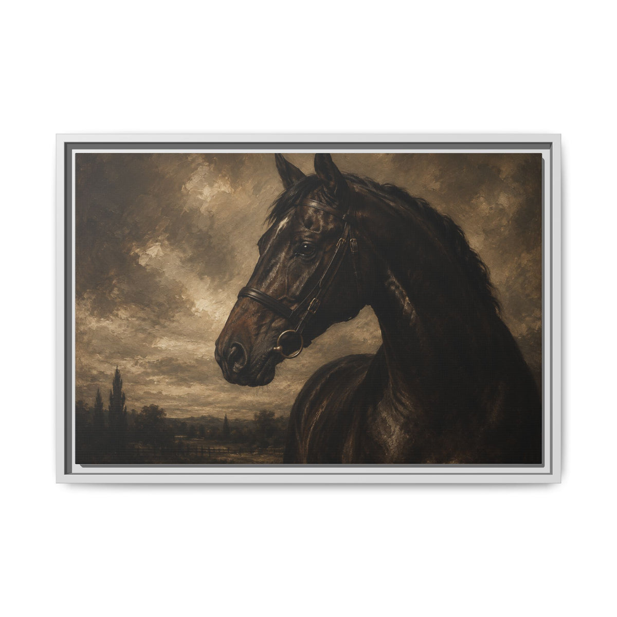 Framed Matte Canvas Horse Portrait — Vintage Dark Equestrian Wall Art
