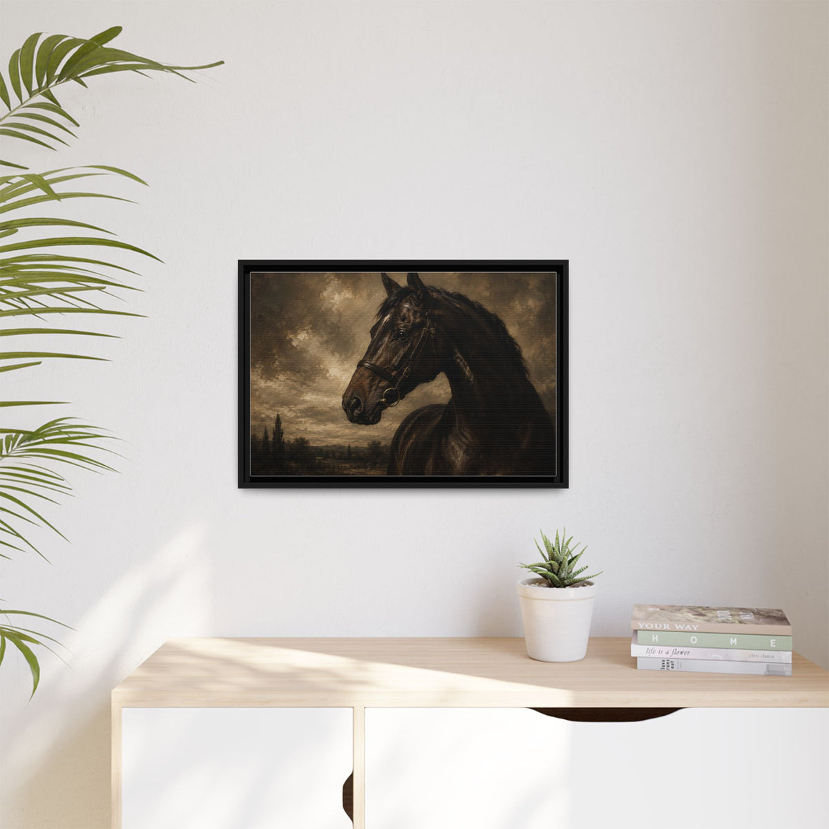 Framed Matte Canvas Horse Portrait — Vintage Dark Equestrian Wall Art