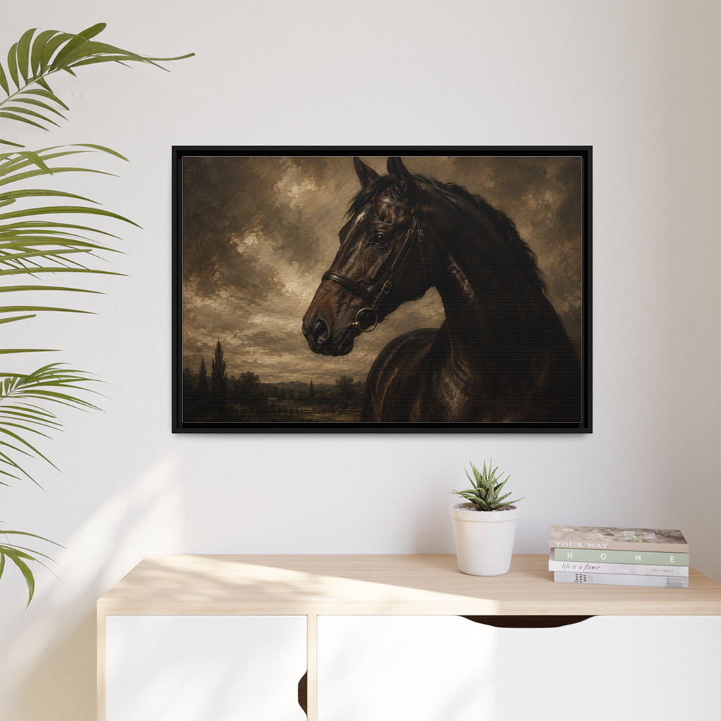 Framed Matte Canvas Horse Portrait — Vintage Dark Equestrian Wall Art
