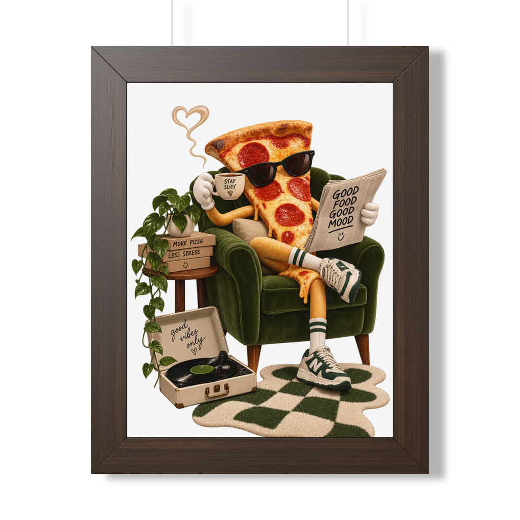 Framed Poster — Relaxing Pizza Slice 'Good Food Good Mood' Art Print