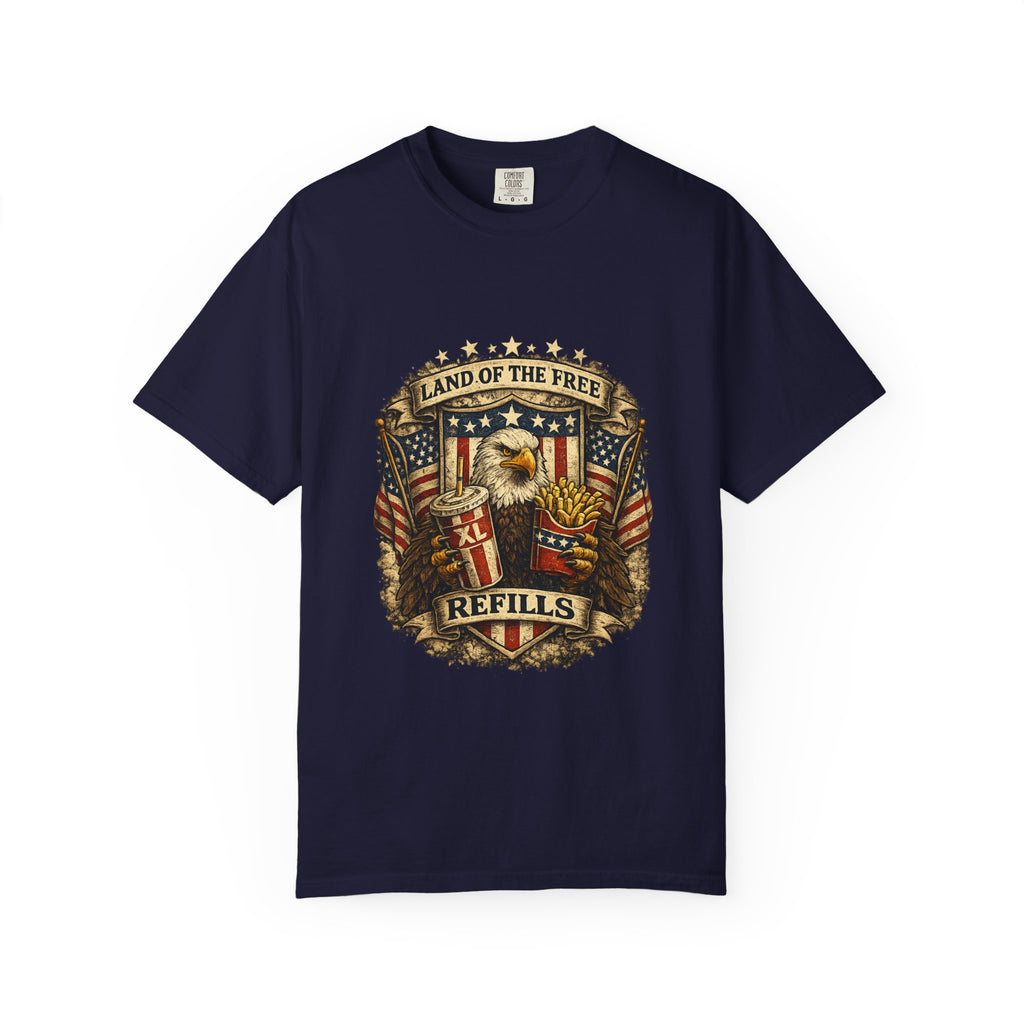 Land of the Free Refills T-Shirt — Patriotic Eagle Beer Design