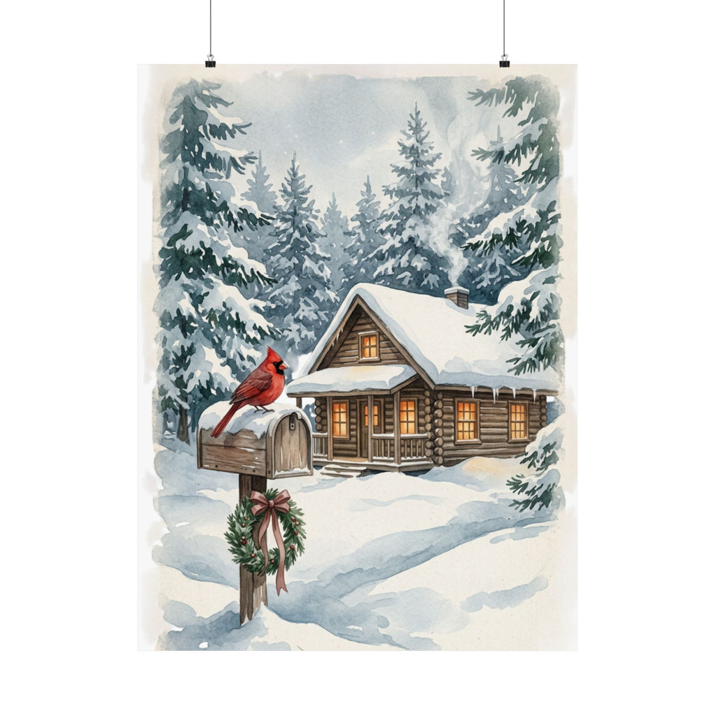 Winter Poster — Snowy Mailbox with Cardinal Matte Vertical Print