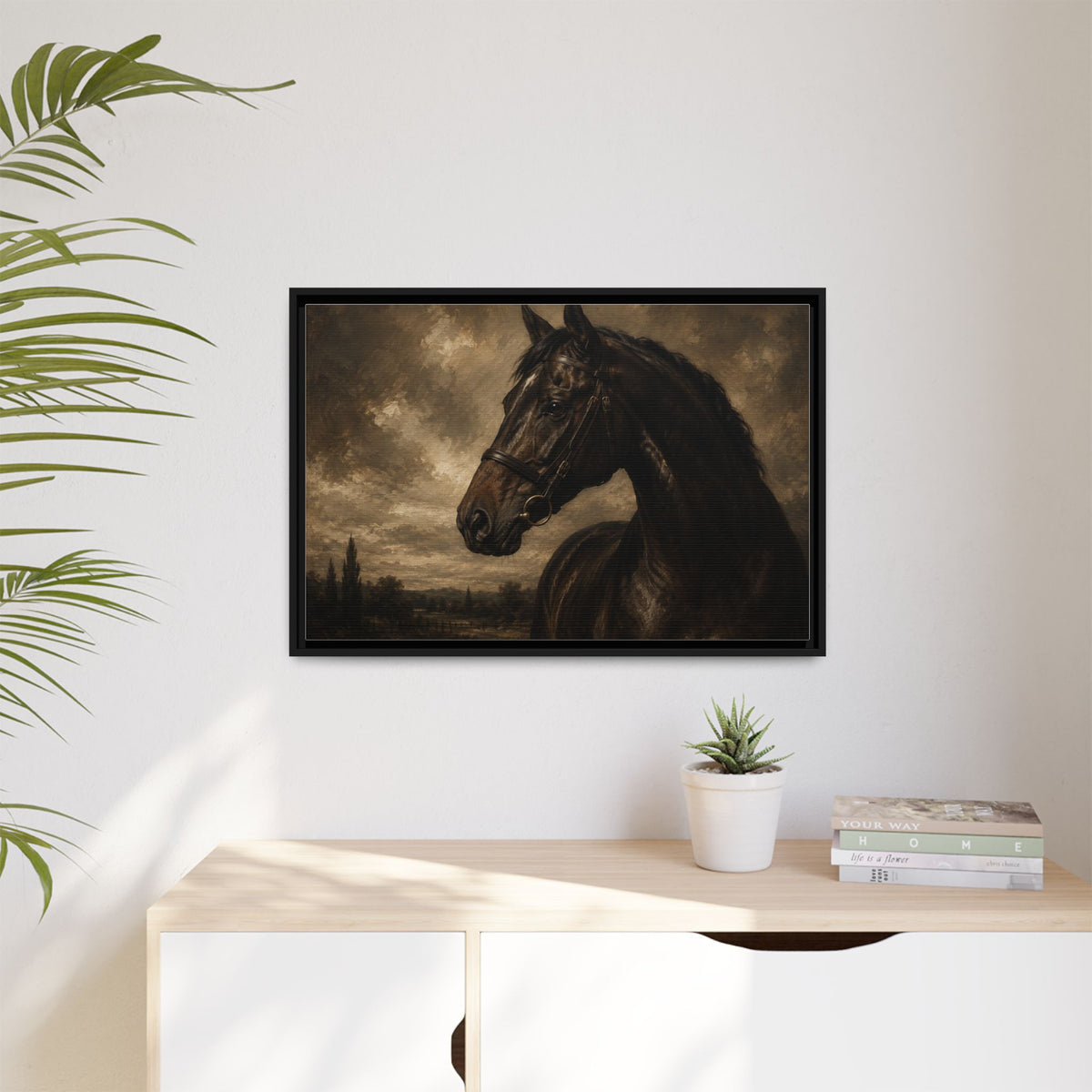 Framed Matte Canvas Horse Portrait — Vintage Dark Equestrian Wall Art
