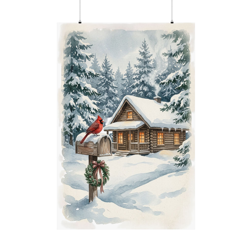 Winter Poster — Snowy Mailbox with Cardinal Matte Vertical Print