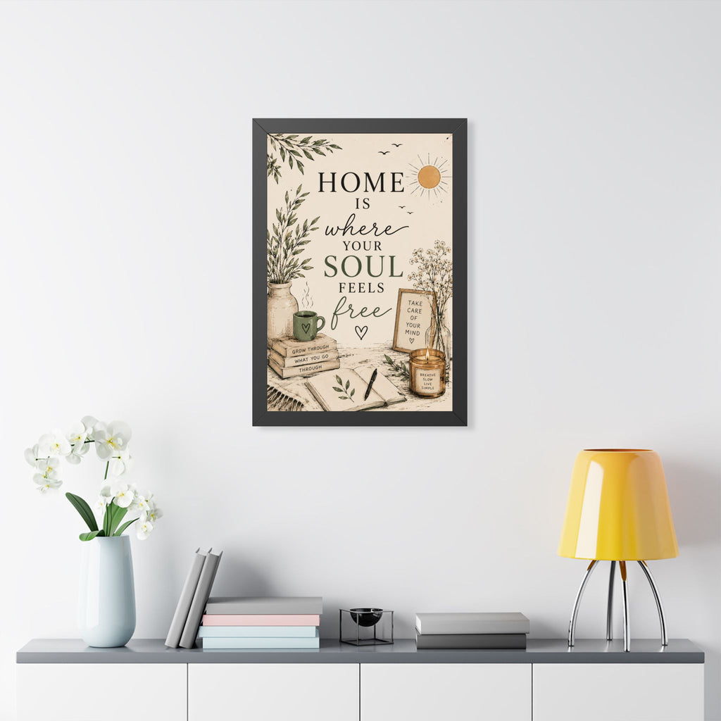 Framed Vertical Poster — "Home Is Where Your Soul Feels Free" Cozy Boho Wall Art
