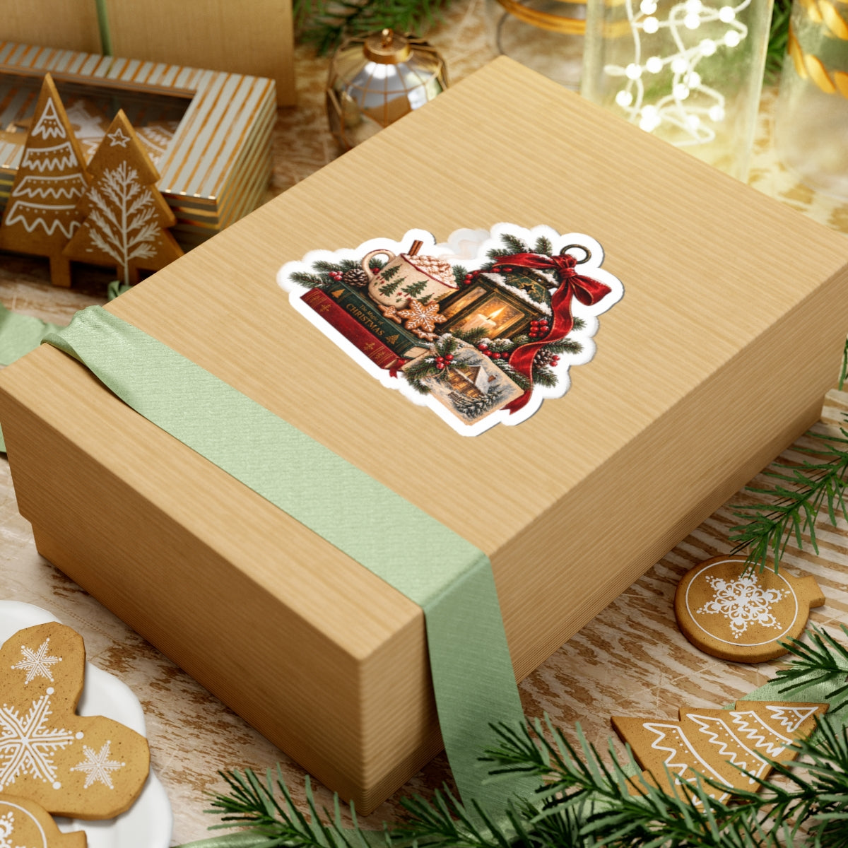 Christmas Cozy Sticker - Hot Cocoa, Lantern & Holiday Books Kiss-Cut Vinyl