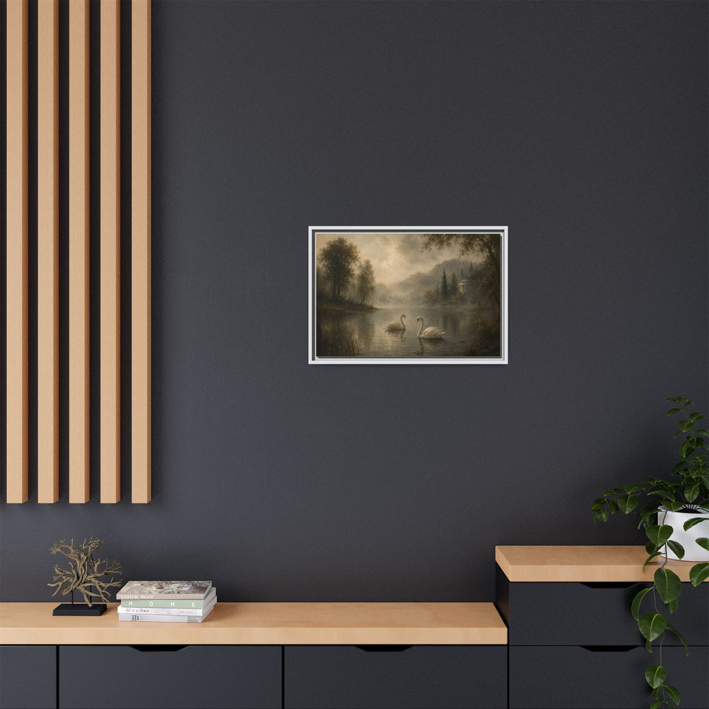 Framed Matte Canvas Print — Serene Swans on Misty Lake