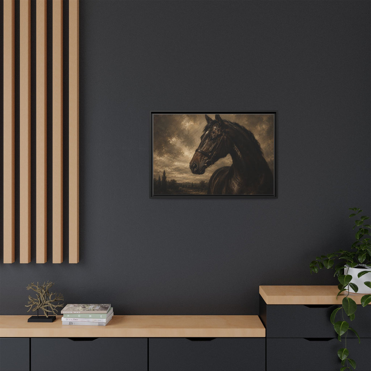 Framed Matte Canvas Horse Portrait — Vintage Dark Equestrian Wall Art