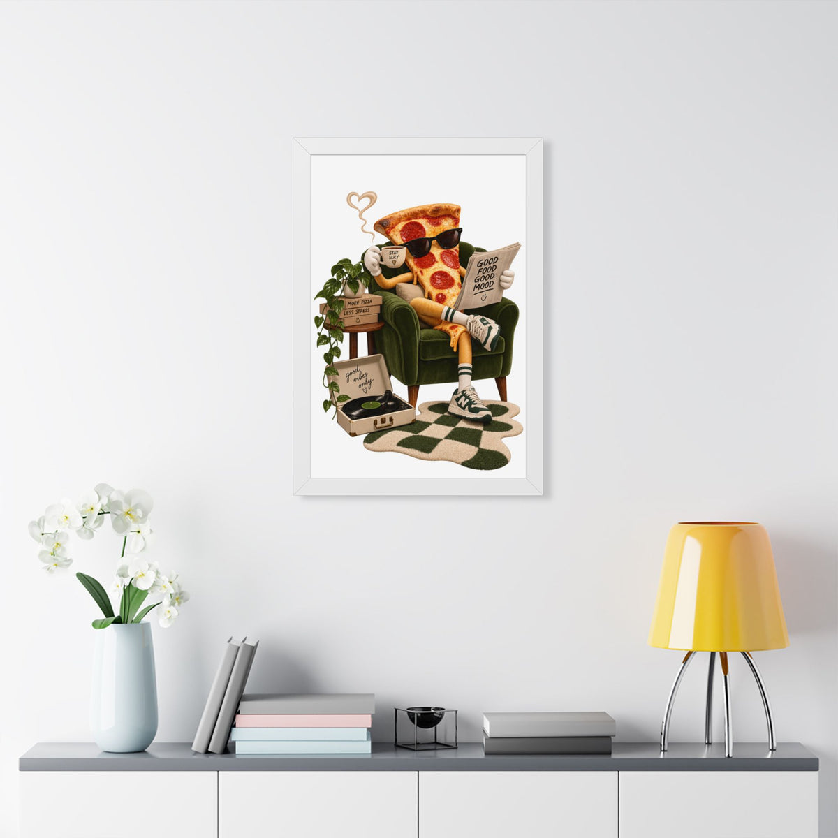 Framed Poster — Relaxing Pizza Slice 'Good Food Good Mood' Art Print