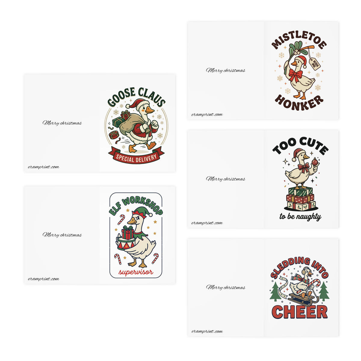 Greeting Cards — 5-Pack Funny Christmas Cards (Goose Claus, Mistletoe Honker, Elf Workshop Supervisor, Too Cute to Be [...]