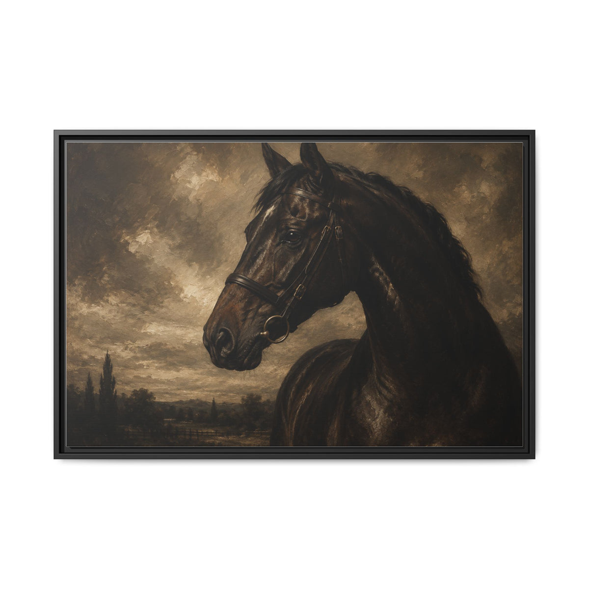 Framed Matte Canvas Horse Portrait — Vintage Dark Equestrian Wall Art