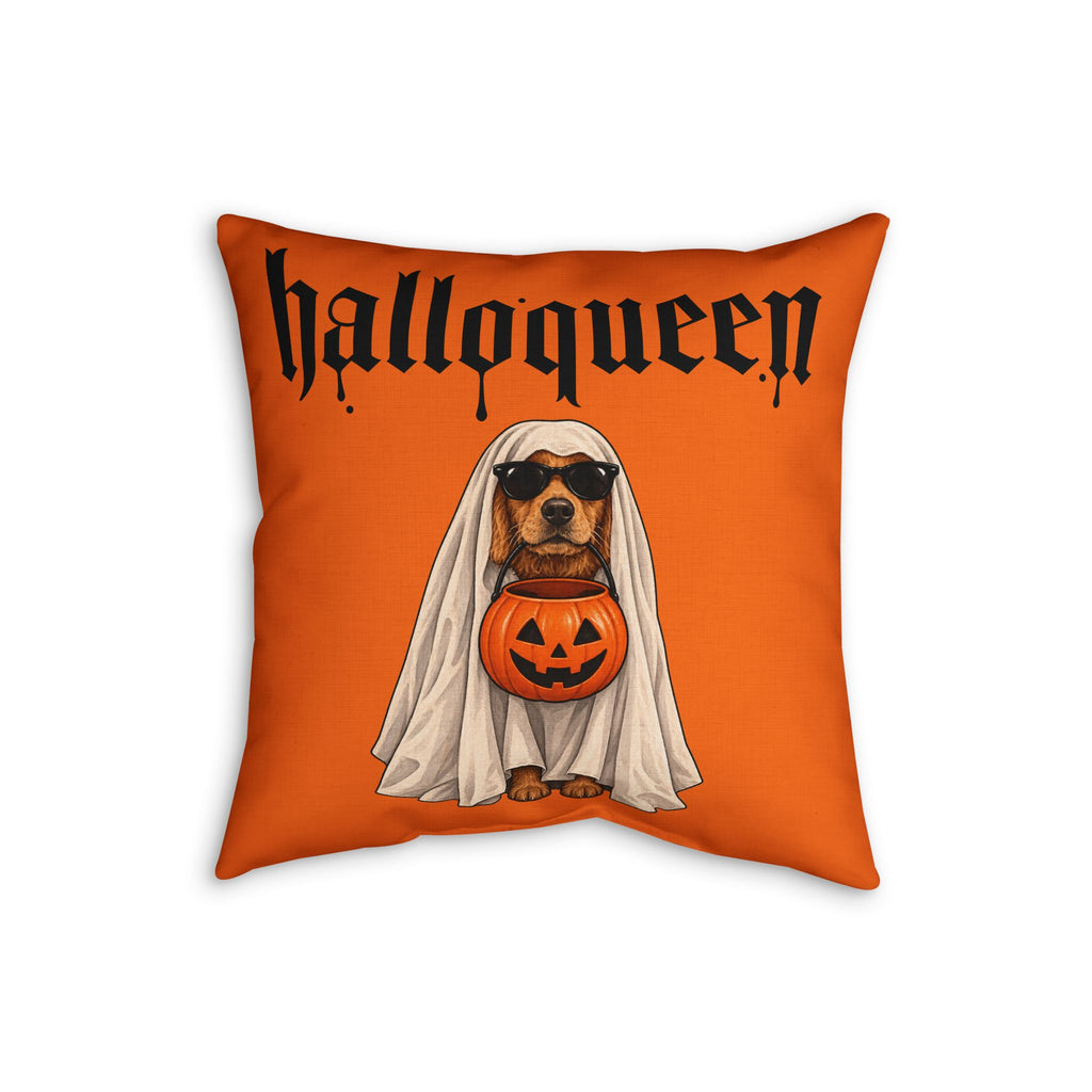 Halloween Faux Linen Pillow – "Halloqueen" Cat & Ghost Dog Pumpkin Throw Pillow