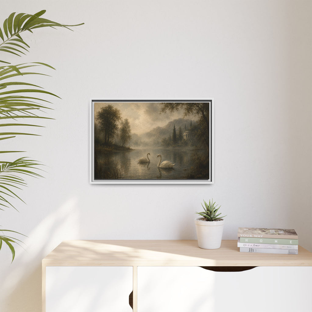 Framed Matte Canvas Print — Serene Swans on Misty Lake