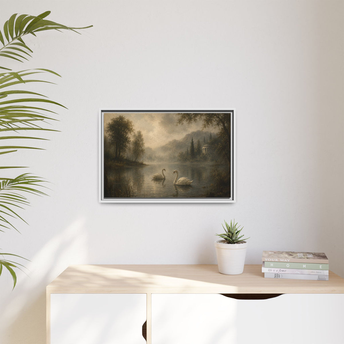 Framed Matte Canvas Print — Serene Swans on Misty Lake