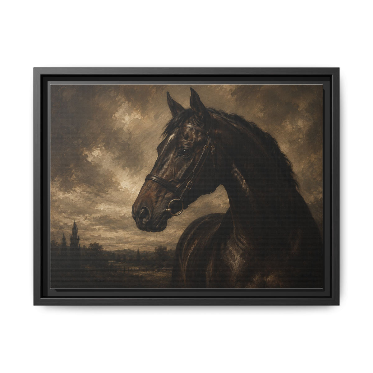 Framed Matte Canvas Horse Portrait — Vintage Dark Equestrian Wall Art