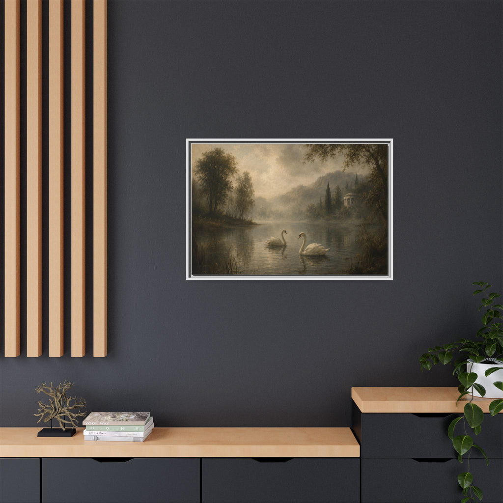 Framed Matte Canvas Print — Serene Swans on Misty Lake