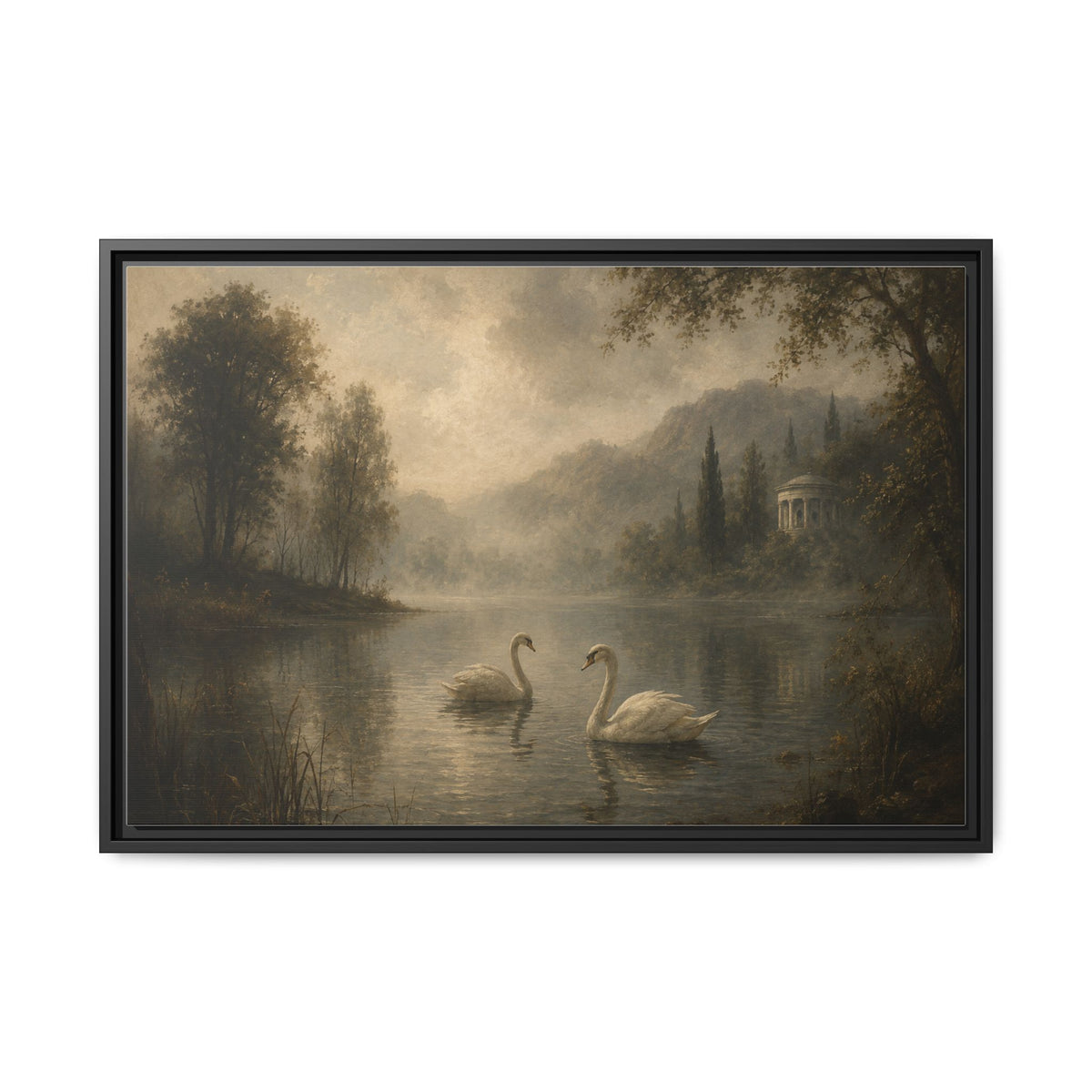 Framed Matte Canvas Print — Serene Swans on Misty Lake