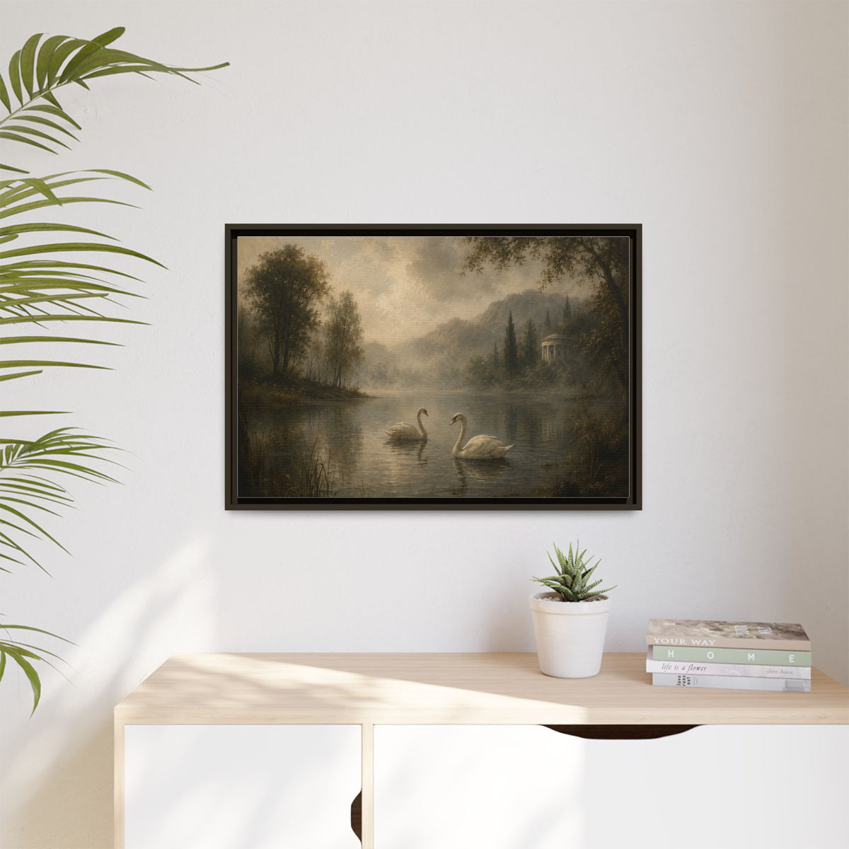Framed Matte Canvas Print — Serene Swans on Misty Lake