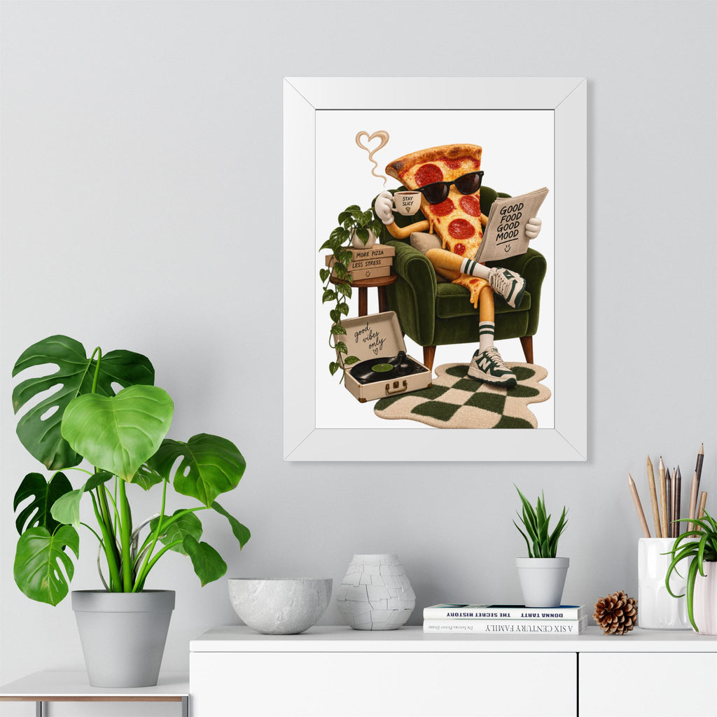 Framed Poster — Relaxing Pizza Slice 'Good Food Good Mood' Art Print