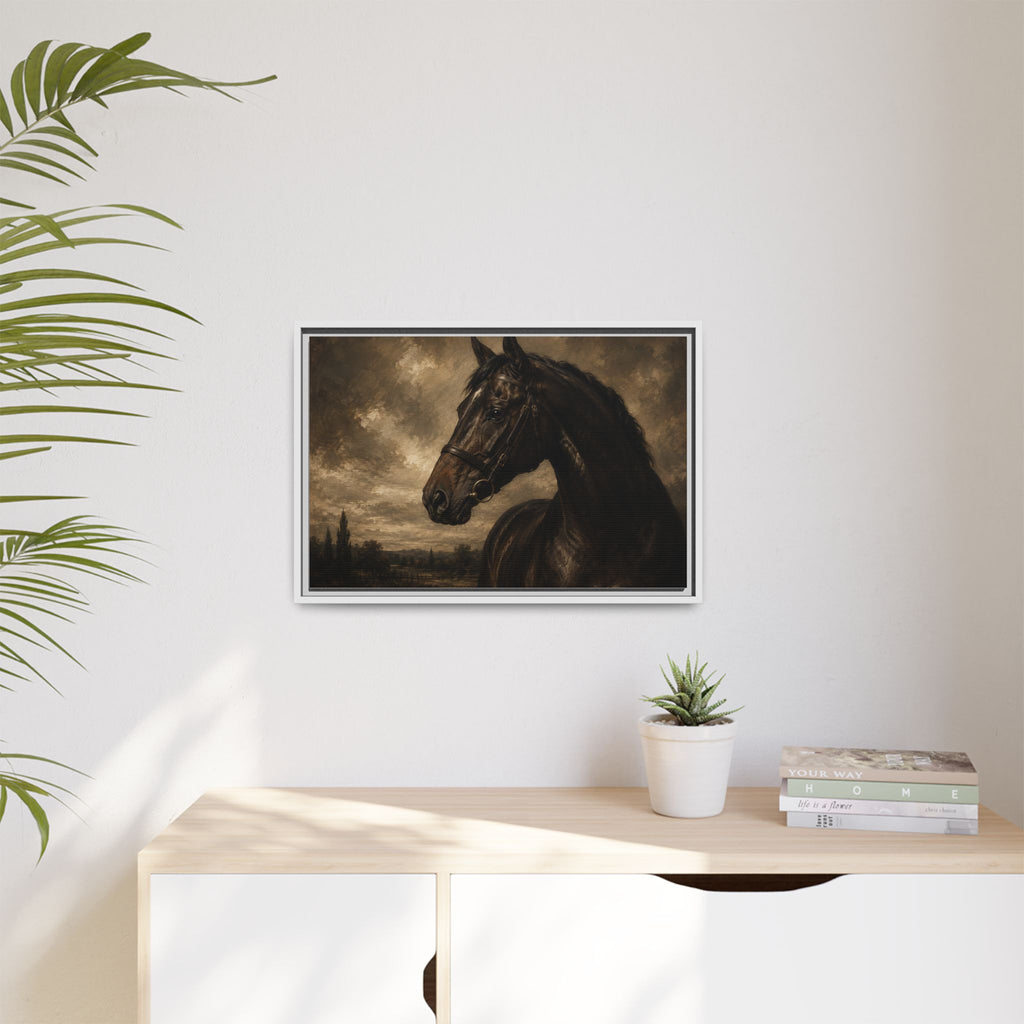Framed Matte Canvas Horse Portrait — Vintage Dark Equestrian Wall Art
