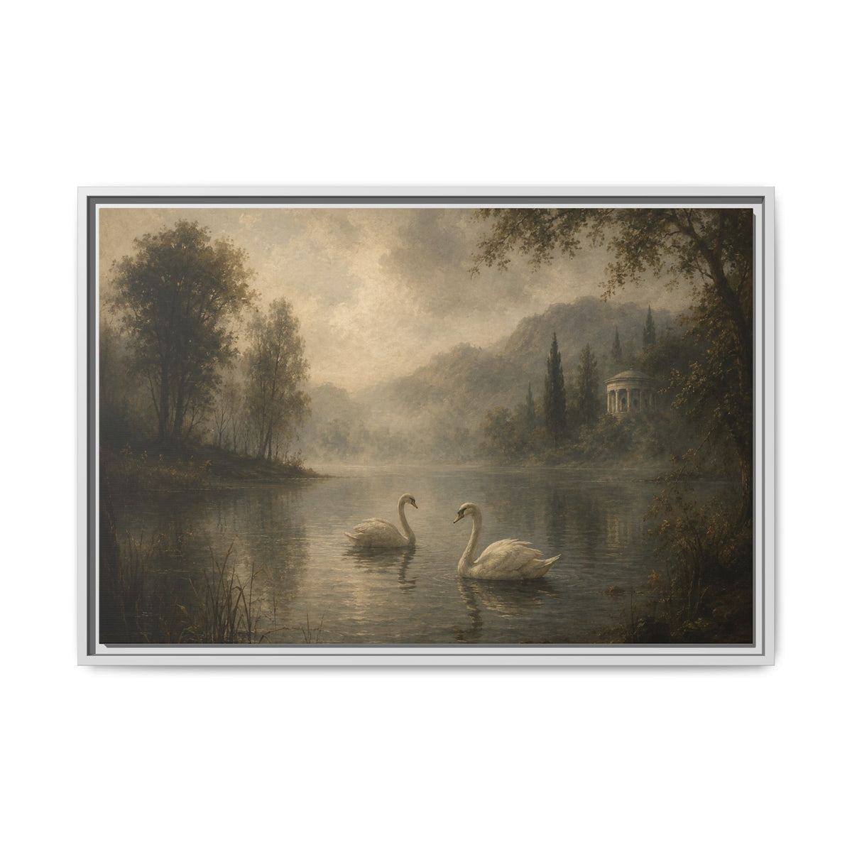 Framed Matte Canvas Print — Serene Swans on Misty Lake