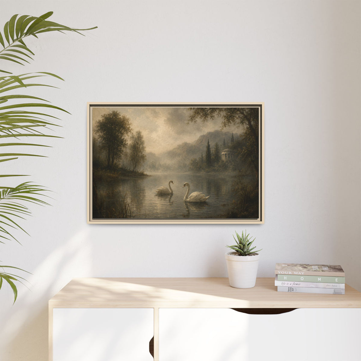 Framed Matte Canvas Print — Serene Swans on Misty Lake