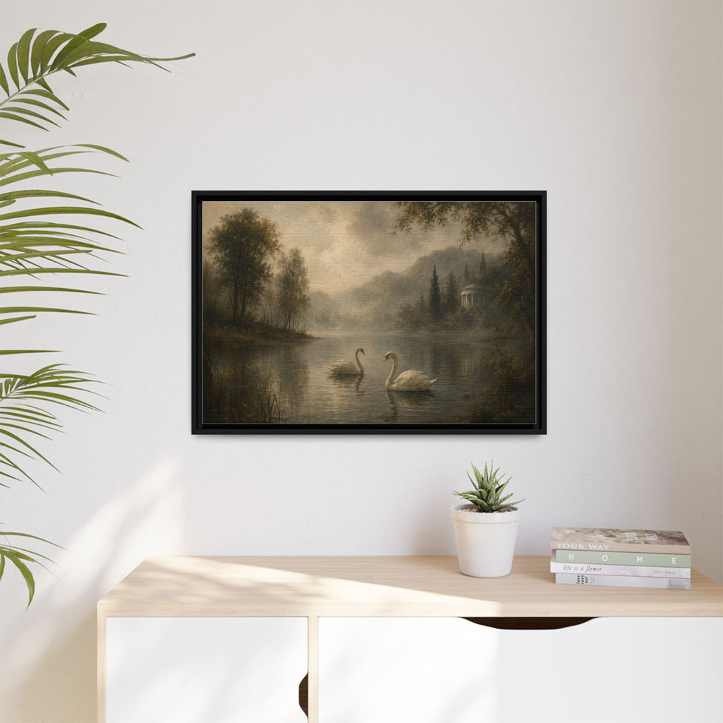 Framed Matte Canvas Print — Serene Swans on Misty Lake
