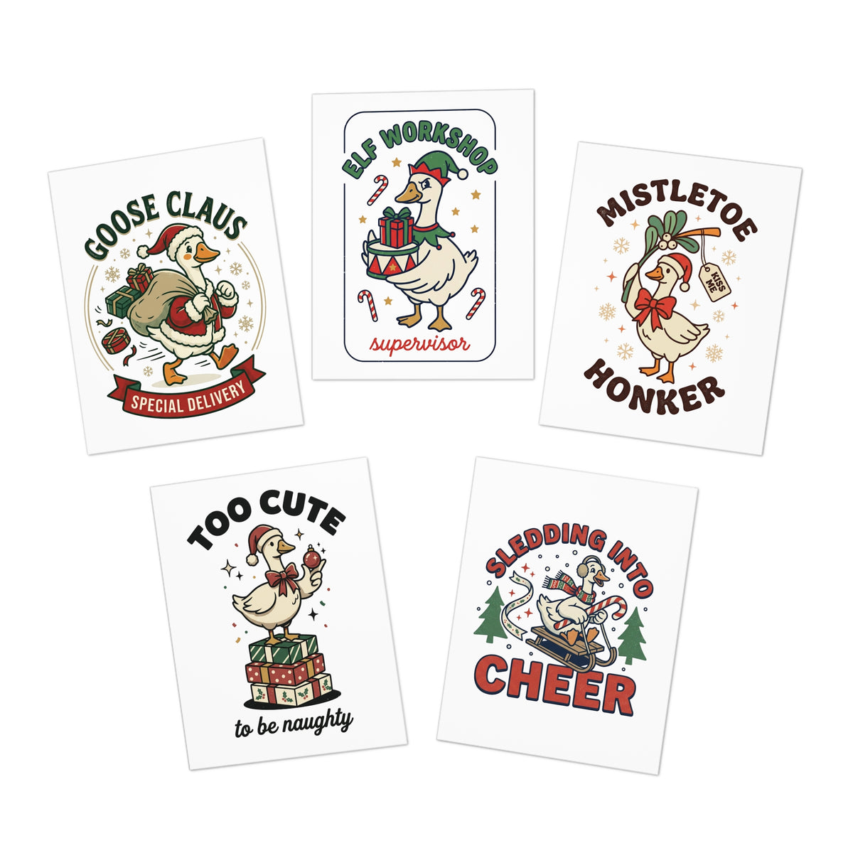 Greeting Cards — 5-Pack Funny Christmas Cards (Goose Claus, Mistletoe Honker, Elf Workshop Supervisor, Too Cute to Be [...]