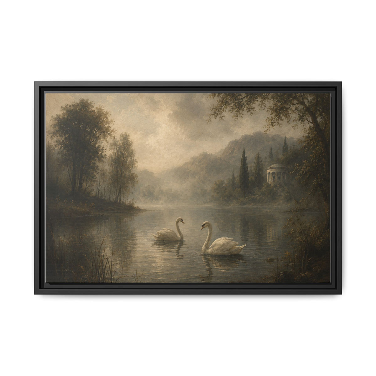 Framed Matte Canvas Print — Serene Swans on Misty Lake
