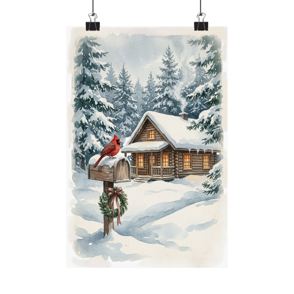 Winter Poster — Snowy Mailbox with Cardinal Matte Vertical Print