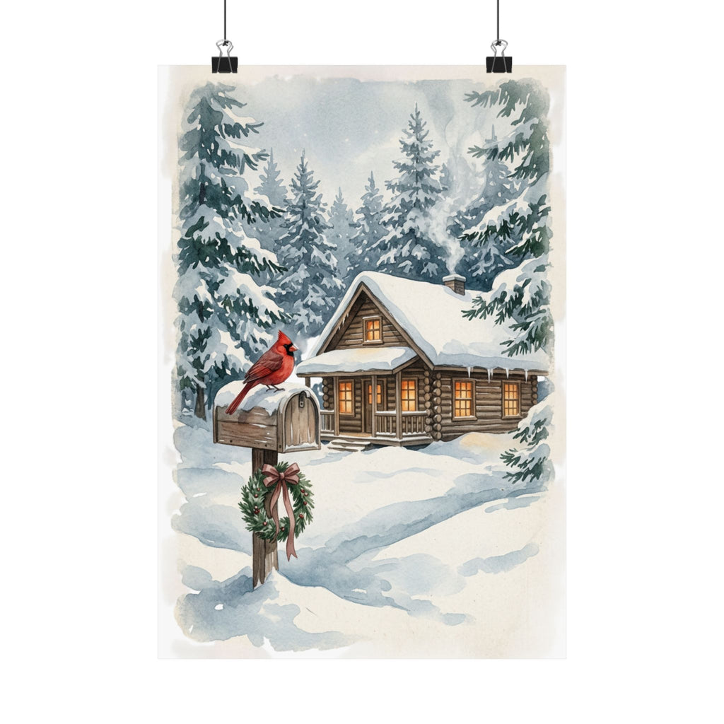 Winter Poster — Snowy Mailbox with Cardinal Matte Vertical Print